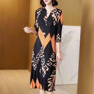 Jia Ning loose leopard print vertical stripe medium long mom dress fresh, sweet, gentle pleated skirt women's dress：圖片 6