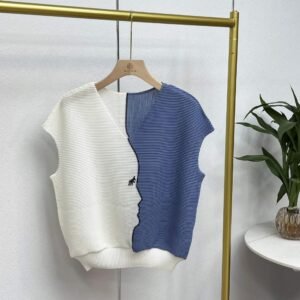 Y230920 Versatile Loose Sleeveless V-neck Head Color blocked Corn Fold Vest Top：圖片 7