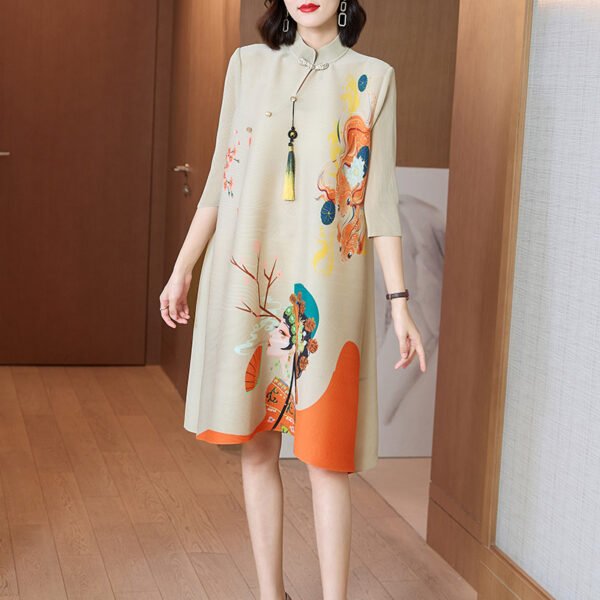 K221076 Jia Ning Folded Cheongsam Improved Plum Blossom Face 3D Printed Chinese Style Loose Large Size Dress