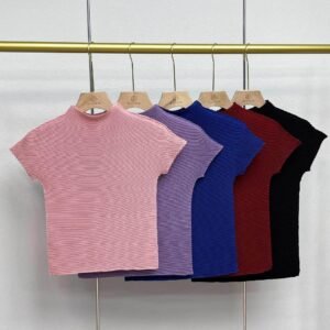 W230416 Jia Ning New Summer Versatile Round Neck Short Sleeve T Clear Color Corn Fold Top Japanese and Korean Casual Style Versatile：圖片 4