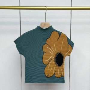 Z230410 New High Collar Outer Short Summer Sunflower Corn Fold Top Short Sleeve T-shirt Art Retro Style：圖片 9