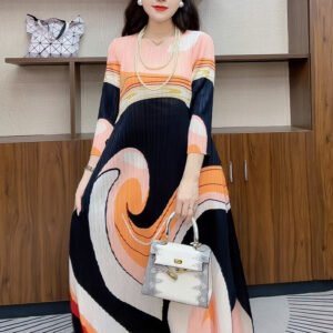 2024 Summer Dress Women's Printed Medium to Long Size Seven Sleeve Loose Large Mom Dress Comfortable Casual Long Dress