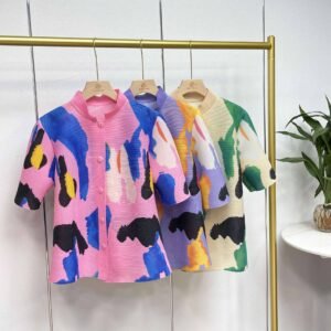 K231224 new summer cardigan stand up collar short sleeved graffiti cardigan top：圖片 2