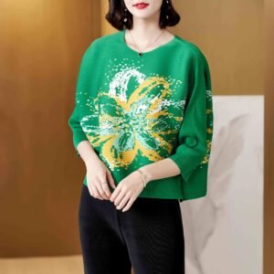 New pleated plus size loose print big flower hot stamping top with fresh and sweet pullover, loose and versatile seven quarter sleeves：圖片 3
