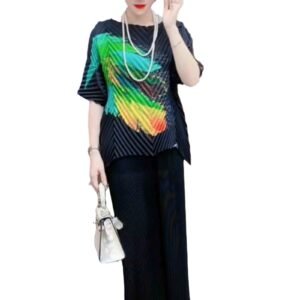 New Fashionable Summer Loose Thin Round Neck Feather Printed Frog Top：圖片 5