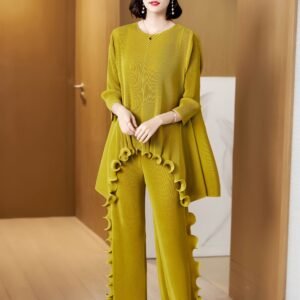 L229143 New Loose and Versatile Wide Leg Pants Fashion Ear Edge Set Pants Top Set Simple and Casual：圖片 2