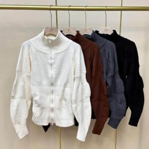 Jianing's new autumn and winter long sleeved plus size slimming women's stand up collar knitted zipper jacket long sleeved casual style loose fit