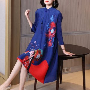 K221076 Jia Ning Folded Cheongsam Improved Plum Blossom Face 3D Printed Chinese Style Loose Large Size Dress：圖片 2