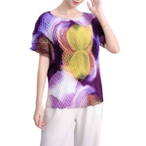 Jia Ning's new temperament round neck fashionable short sleeved loose gourd print pleated top：圖片 2