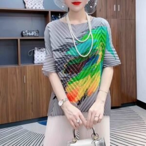 New Fashionable Summer Loose Thin Round Neck Feather Printed Frog Top：圖片 3