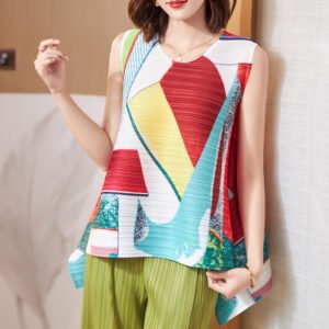Jiatwisted pleated new 2022 summer women's clothing design sense contrasting color printed pleated vest loose T-shirt women's top：圖片 3