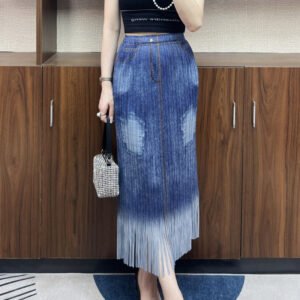 Jia Ning summer denim skirt, mid-length skirt, A-line skirt, slim and versatile temperament, commuting tassels, intellectual style tassels