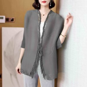 Jia Ning pleated loose temperament tassel cardigan top temperament commuting seven quarter sleeve elegant style, western-style, slimming and versatile：圖片 5