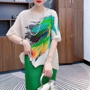 New Fashionable Summer Loose Thin Round Neck Feather Printed Frog Top：圖片 2