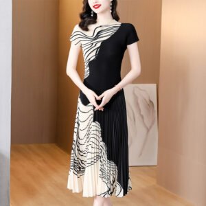 Summer slim fit versatile temperament round neck short sleeved single-sided line set mid length skirt temperament commuting elegant style print