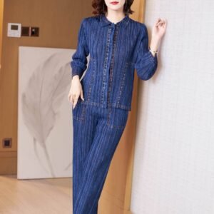 K221117 Jia Ning pleated fashionable denim color suit top set, Japanese and Korean casual 9-quarter sleeve commuting city：圖片 2