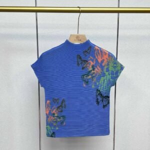 Jianing women's summer short cut round neck printed butterfly corn pleated top with artistic retro style printed short sleeved T-shirt：圖片 4