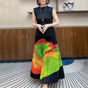 Miyake pleated new gradient color temperament printed pleated skirt cross-border European, American, Middle Eastern women's half skirt stylish：圖片 3