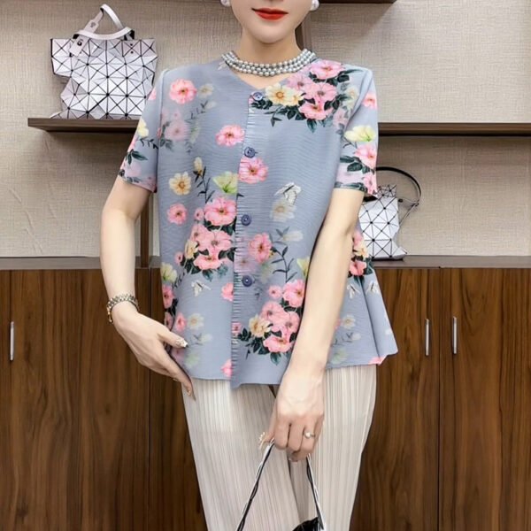 Jia Ning Summer New Chinese style Shirt with Wrinkle Retro Printed Women's He Saifei Same Style Top Chenghuanji Liu Wanyu