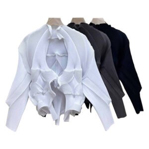 Retro elegant women's long sleeved plus size personalized loose one button water chestnut top：圖片 3