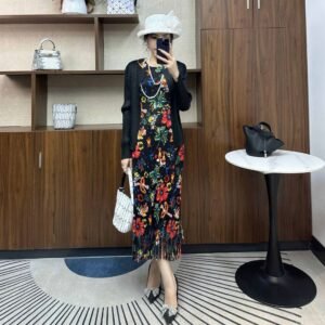 K231217 popular new round neck long vest skirt sleeveless printed tassel dress