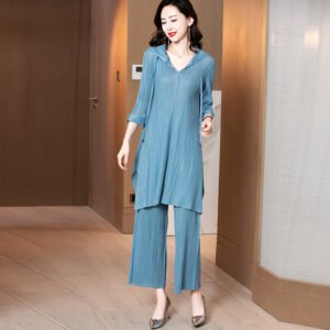 Wrinkle set, new loose, age reducing, flesh blocking, plus size, stylish, simple, pleated two-piece set for women K200922：圖片 5