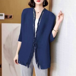 Jia Ning pleated loose temperament tassel cardigan top temperament commuting seven quarter sleeve elegant style, western-style, slimming and versatile：圖片 4