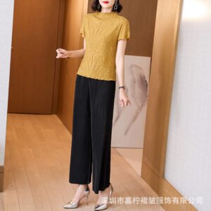 2022 Spring/Summer Solid Color Folded Wide Leg Pants for Women, Loose Large Size, High Waist, Fashionable Straight Leg, Not Showing Fat, Hidden Meat Pants for Women：圖片 4