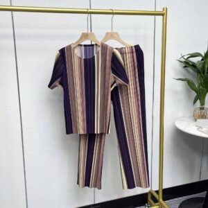 K231201 round neck versatile and fashionable summer short sleeved color blocked set striped set