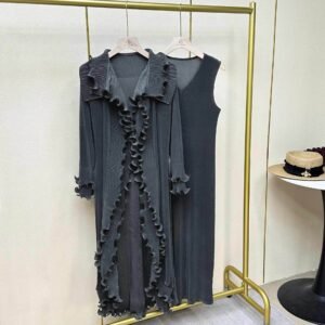 Jia Ning's new western-style plus size solid color women's long two-piece set with lapel and mushroom edge skirt set：圖片 7