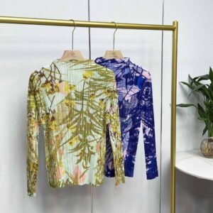 Summer hot anti roll cover shirt with versatile temperament, fashionable high round neck bamboo leaf printed long sleeved top, casual and artistic style