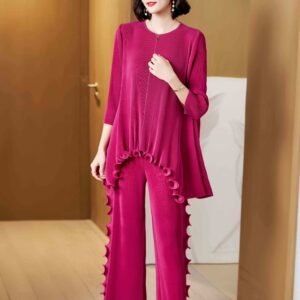L229143 New Loose and Versatile Wide Leg Pants Fashion Ear Edge Set Pants Top Set Simple and Casual