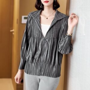 Jia Ning pleated plus size glossy zipper top jacket hooded temperament commuting fashion loose and versatile casual shade