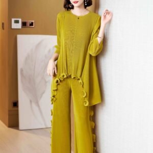 L229143 New Loose and Versatile Wide Leg Pants Fashion Ear Edge Set Pants Top Set Simple and Casual：圖片 4