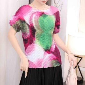 Jia Ning's new temperament round neck fashionable short sleeved loose gourd print pleated top