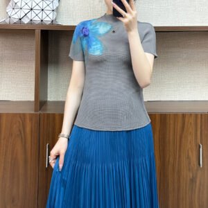 Slim fit new casual slimming pleated women's clothing plus size pullover summer short sleeved minimalist snow lotus flower corn top：圖片 4