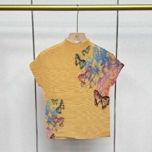 Jianing women's summer short cut round neck printed butterfly corn pleated top with artistic retro style printed short sleeved T-shirt：圖片 7