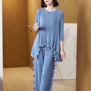 L229143 New Loose and Versatile Wide Leg Pants Fashion Ear Edge Set Pants Top Set Simple and Casual：圖片 5