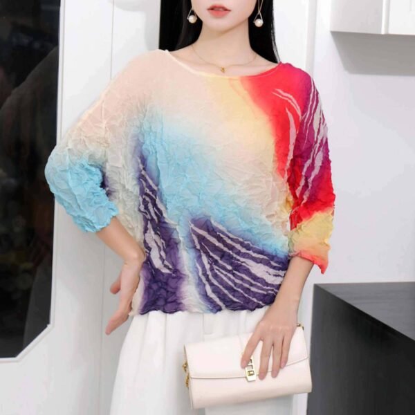 Summer new women's thin and versatile round neck breathable color pleated top