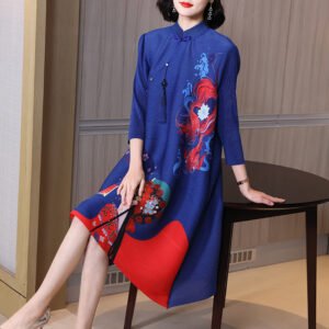 K221076 Jia Ning Folded Cheongsam Improved Plum Blossom Face 3D Printed Chinese Style Loose Large Size Dress