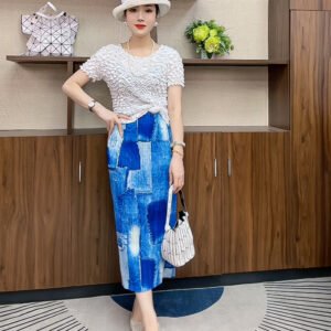 Women's midi skirt with fashionable summer slit print skirt, denim blue skirt, versatile retro long style, slim fit：圖片 3