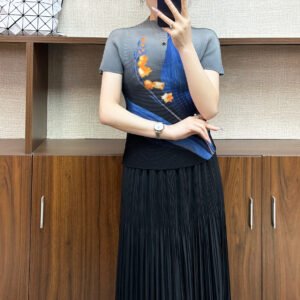 Jia Ning Summer Leisure Large Cap Elastic Women's High Collar Slim Fit Printed Fashion Orchid Lotus Corn Fold Top：圖片 5