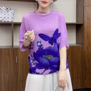 New Miyake Wholesale Wrinkled Fashion Women's Wear Slimming Top Wrinkled Bat Sleeve Butterfly Printed Women's T-shirt Summer：圖片 6