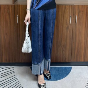 Jia Ning's new summer jeans, elastic straight trousers, temperament commuting pleated mid-length trousers, casual intellectual style trousers