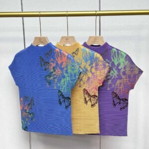 Jianing women's summer short cut round neck printed butterfly corn pleated top with artistic retro style printed short sleeved T-shirt