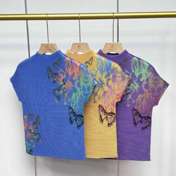 Jianing women's summer short cut round neck printed butterfly corn pleated top with artistic retro style printed short sleeved T-shirt