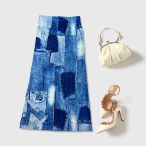 Women's midi skirt with fashionable summer slit print skirt, denim blue skirt, versatile retro long style, slim fit：圖片 5