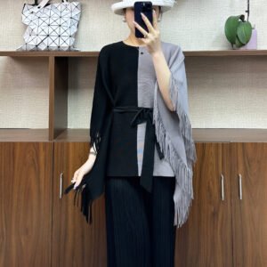 Jia Ning pleated round neck plus size slimming loose fitting pullover simple women's casual color blocked tassel top：圖片 5