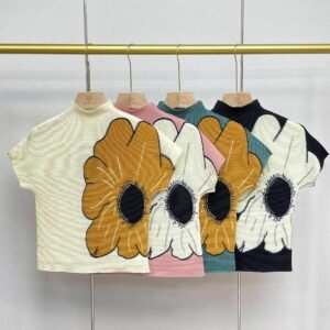 Z230410 New High Collar Outer Short Summer Sunflower Corn Fold Top Short Sleeve T-shirt Art Retro Style：圖片 2