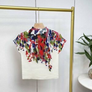 Jia Ning's new style versatile and fashionable round neck high neck short sleeved slim fit fragmented graffiti corn pleated top：圖片 8